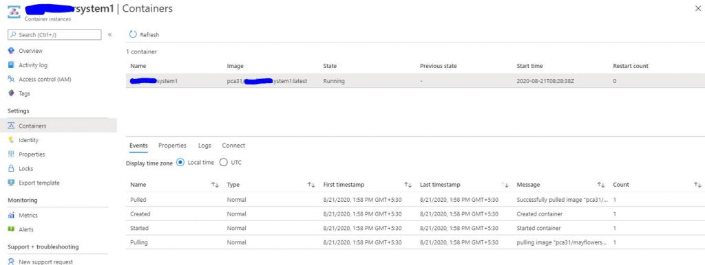 logs of our container instance