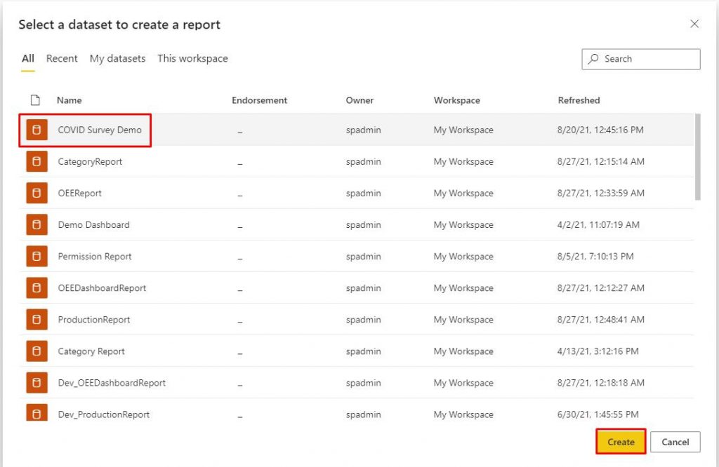 select a dataset to create a report